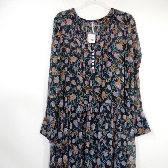 FREE PEOPLE See It Through Long Sleeve Maxi DRESS S M L Floral Black Combo NEW - Picture 12 of 14
